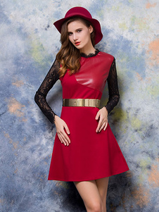 Robes pour femmes Skater robes dentelle manches longues Patchwork Slim Fit Flare