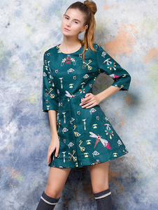 Demi-manchon glissière au dos de Robes / Jupes patineuse plissée imprimé robes courtes