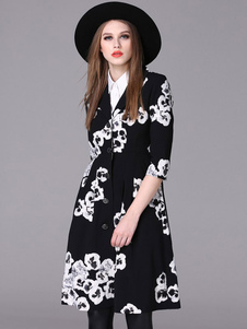 Coat High Waisted demi-manchon Notch collier bouton des femmes noires Floral imprimé Coat