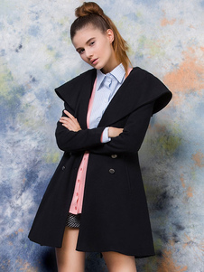 Noir capuche manches longues pardessus à collier ceinturé croisé de 2 boutons manteau féminin