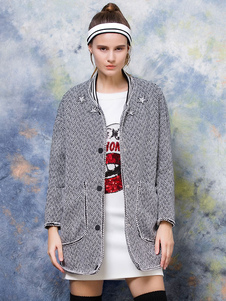 Tweed manteau bouton manches longues Overcoat des femmes avec poches