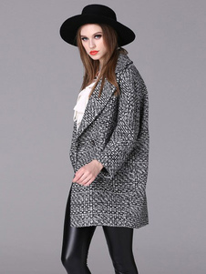 Noir manches longues boutonnage 2 boutons cran col manteau Tweed manteau féminin avec poches