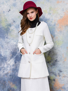 Blanc manteau bouton manches longues Overcoat des femmes avec poches
