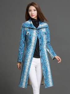 Manteau bleu bouton des femmes manches longues serpent imprimé avec ceinture col Turndown du manteau