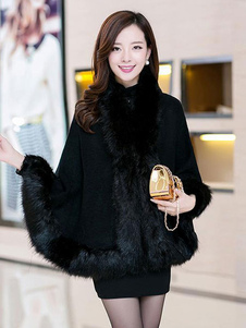 Manteau d’hiver femme Batwing 3/4-Length manches Cape manteau avec fausse fourrure