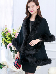 Manteau d’hiver femme fausse fourrure 3/4-Length manches hiérarchisé Cape manteau