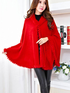 Batwing Fringe fausse fourrure Cape manteau manteau à capuchon féminin