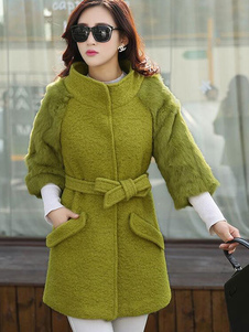 Fausse fourrure manteau d’hiver olive féminine détail 3/4-Length manches Wrap manteau avec ceinture