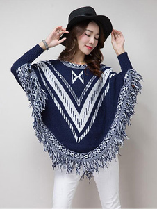 Batwing Sweater des femmes frangées pull Jacquard manches longues
