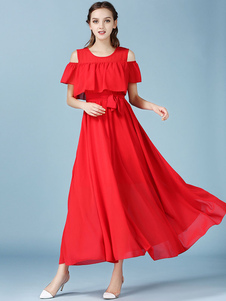 Robes longues en mousseline de soie au large de l’épaule manches courtes faux robes d’été élégant de