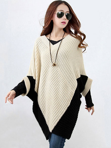 Poncho chandails col v Batwing demi-manchon des femmes deux couleurs tricots surdimensionnés