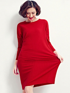 Confortable coton robe pull rouge manches longues féminin Knit Dress