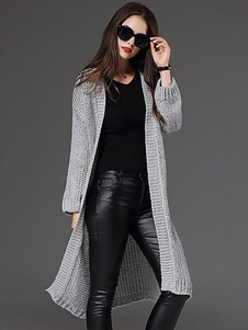 Cardigan Long manches longues gris de la femme ouvrir Front tricoté robe