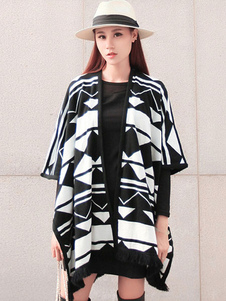 Half Sleeve de géométrique Cap femmes noires divisé le Poncho avant ouvert avec frange