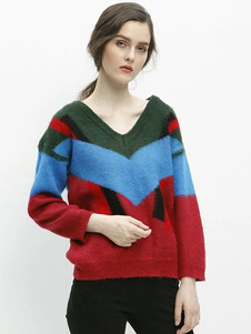 V-Neck Pullover chandails chandails Color Block féminines en tricot