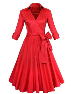 Vintage A ligne robe manches longues Bow Midi garniture Skater robe femmes