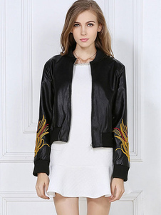 Manches longues féminin de veste en cuir noir brodées fermeture éclair courte veste Moto