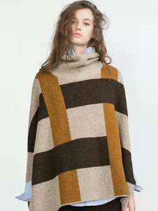 Poncho Pull laine col roulé manches longues des femmes Split Plaided Pullover