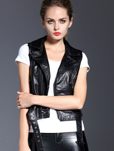 Veste sans manches ceinture boucle Style Punk court Moto blouson de cuir noir pour femme