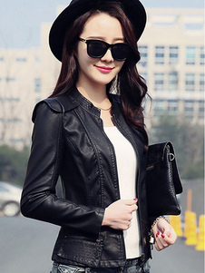 Veste de Moto courte Leather Jacket femmes épaule rembourrée couleur unie