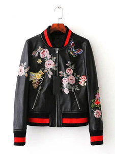 Veste de Moto courte féminine de veste en cuir noir brodé Style Punk