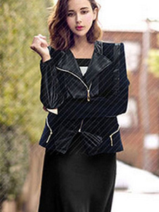 Détails veste Moto courte de couleur unique à capuche féminin de veste en cuir noir