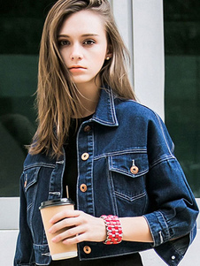 Courte veste lettre impression poches détails causale Mini veste en Jean pour femmes