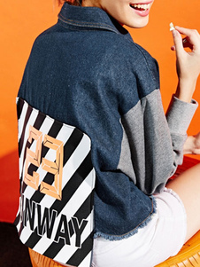 Contraste couleur Short Denim Jacket féminin imprimé Veste Blouson bleu