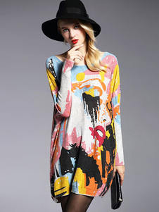 Robes de pull femmes en coton à manches longues multicolore surdimensionné chandail tricot