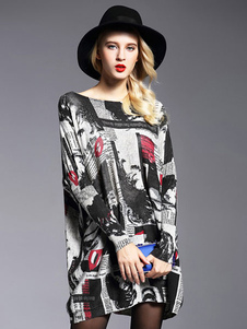 Manches longues, robe pull Oversized imprimé de coton tricoté robe pour femmes