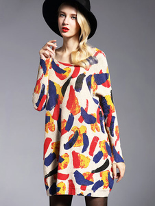 Coton manches longues pull imprimé robe féminine surdimensionné tricoté robe