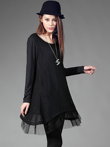 Pull noir dentelle maille hiérarchisé Patchwork plissé Pullover femmes Outwear