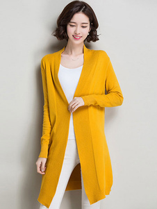 Jaune mi-longs ouvert avant tricots de gilets pull femme