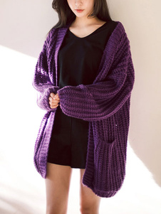 Chandail mauve manteau poches ouvrir Long Cardigan Sweater Front féminin