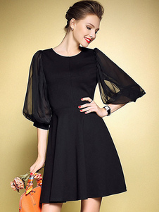 Mousseline de soie noire robe à capuche 3/4-longueur féminine robe de Flare manches ballon