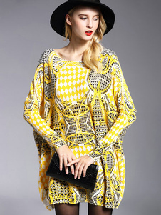 Coton chandail jaune robe féminine manches longues imprimé surdimensionné tricoté robe