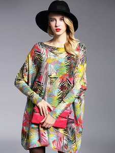 Chandail jaune robes coton imprimé Floral surdimensionné tricot pull femmes