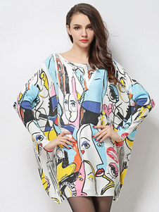 Chandail blanc robes Floral manches longues imprimé surdimensionné des robes courtes tricot féminine