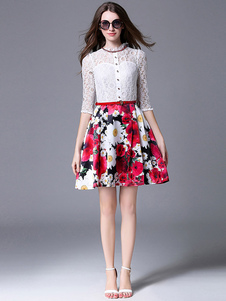 Patineur de dentelle robes robes de Flare doux imprimé demi-manchon collier orné