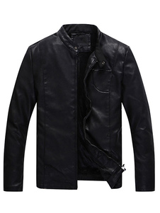 Leather Jacket noir Stand collier Slim Fit Biker veste Outwear