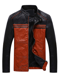 PU cuir veste bicolore Slim Fit Casual coton veste