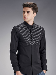 Noir/blanc chemises hommes longues manches Slim Fit occasionnel Shirt