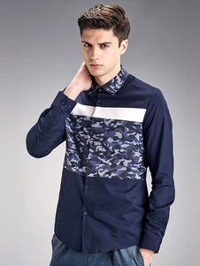 Camo Print Long Sleevs blanc/bleu Casual Top Slim Fit de chemises homme