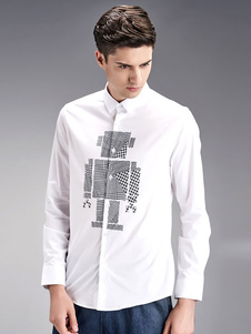 Noir/blanc chemises manches longues Slim Fit Robot Print hommes