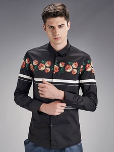 Blanc/noir chemises manches longues imprimé Floral hommes Slim Fit Top Casual