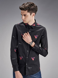 Noir/blanc chemises manches longues avec impression de Triangle pour hommes Slim Fit