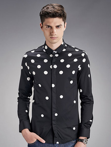 Noir/blanc chemises longues Sleevs pois hommes imprimé Top Casual