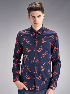 Chemises imprimées White/Dark bleu manches longues Top Casual hommes