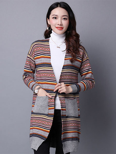 Rayures gris chandails col v poches Jacquard mi-longs Cardigans