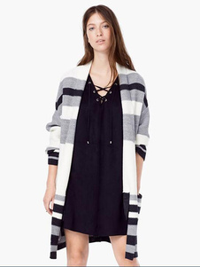 White Stripes Cardigans poches ouvertes avant mi-longs coton chandails